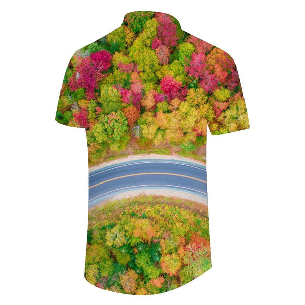 
High Speed Autumn Landscape Multicolor Trees Print Men's Casual Button Shirt Short Sleeve Summer Seaside Beach Top
                