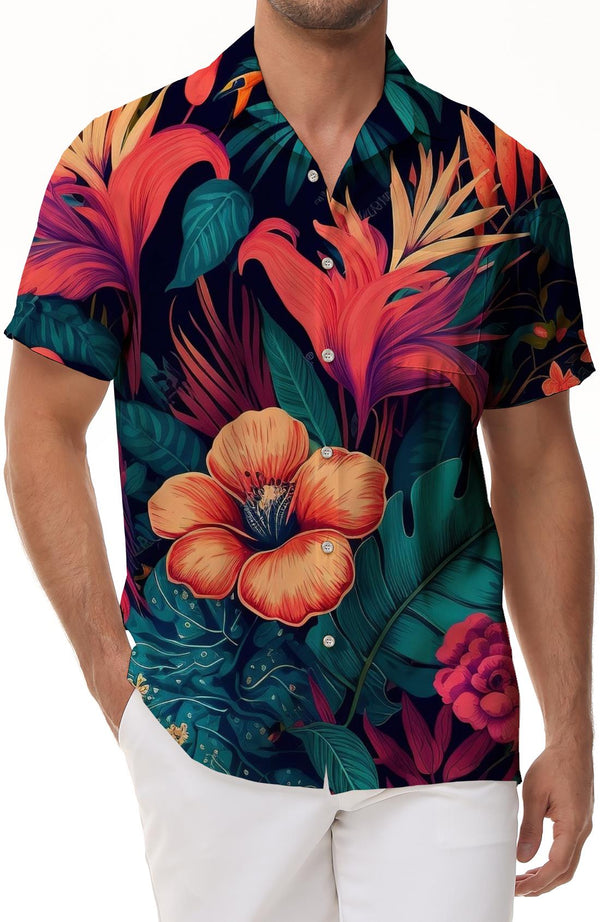 Men's stylish Hawaiian art colorful flowers fashionable cool daily travel versatile men's casual loose tops
