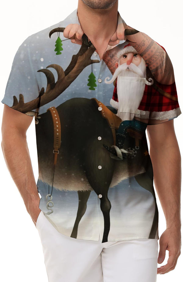 Funny Santa Claus Print Shirt Party Designer Short Sleeve Christmas Men's Button Down Short Sleeve Shirt