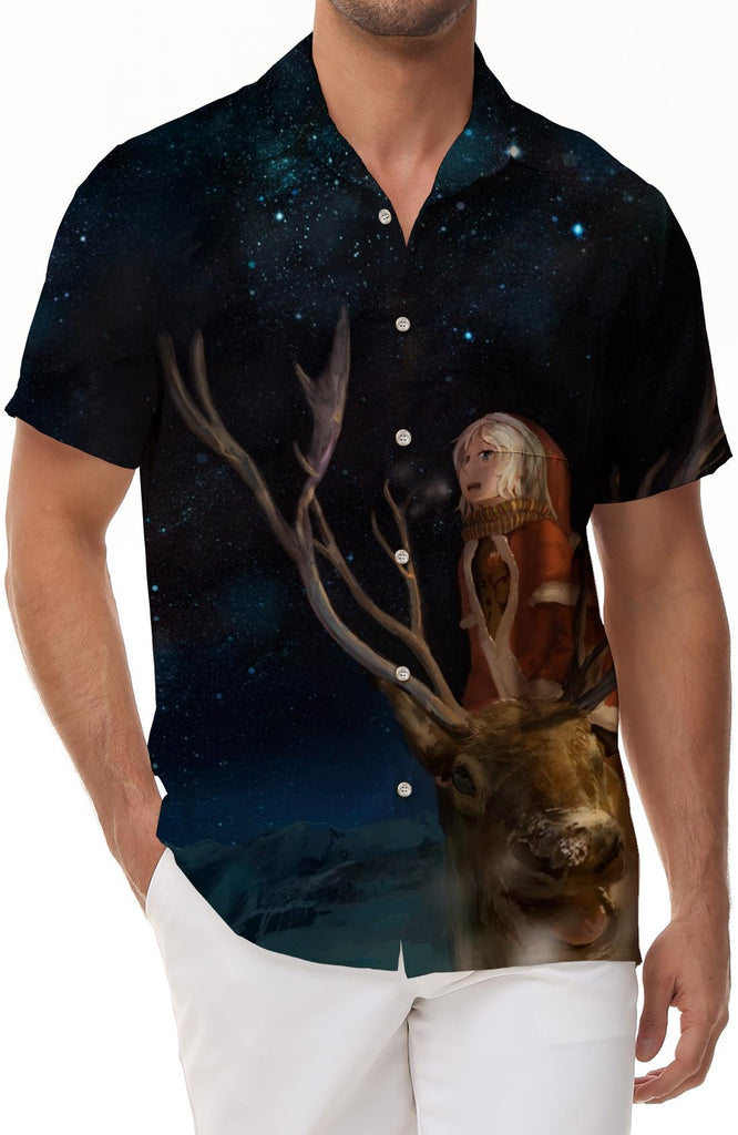Deer in the forest at night galaxy men shirt button down lapel short sleeve Hawaiian shirt short sleeve for outdoor fishing walking