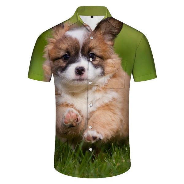 
Cute puppy 3d digital printing tropical fashion Hawaiian lapel button-down men's casual loose style shirt
                