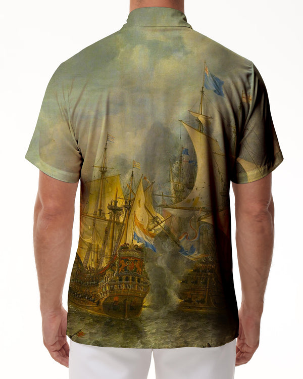 
Retro Oil Painting Tang Dynasty Sailing Boat Men's Cuban Collar Shirt Casual Button Shirt Short Sleeve Holiday Beach
                