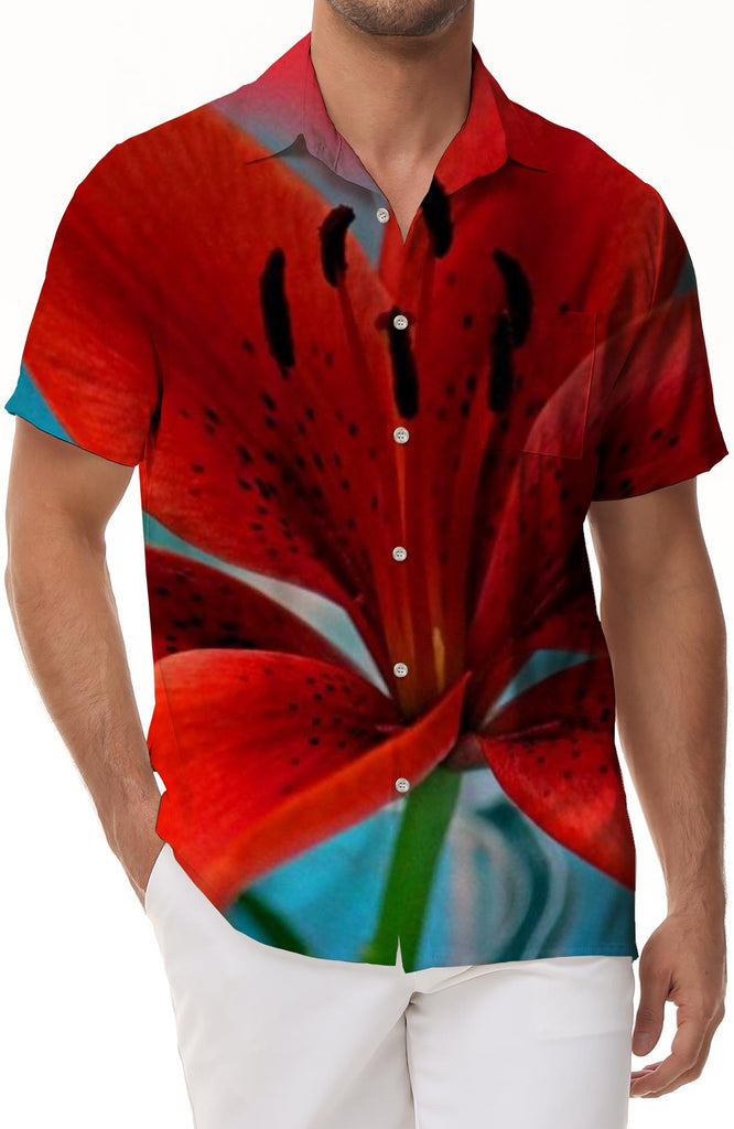 Bright red flower men's short sleeve shirt casual button down summer beach shirt classic fit top short sleeve shirt flower