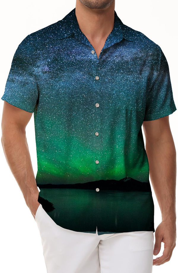 Aurora Scenery Men's Vintage Style Lapel Shirt Casual Button Shirt Short Sleeve Resort Beach