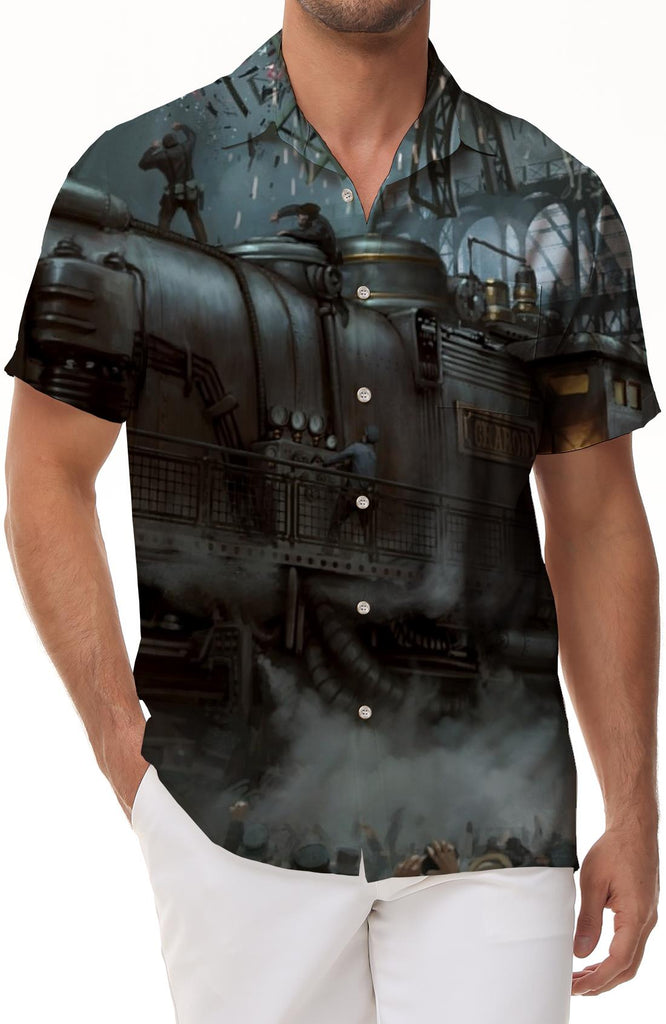 Men's Hawaiian Shirt Steam Train Short Sleeve Beach Shirt Tropical Vacation Beach Shirt