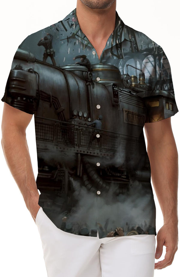 Men's Hawaiian Shirt Steam Train Short Sleeve Beach Shirt Tropical Vacation Beach Shirt