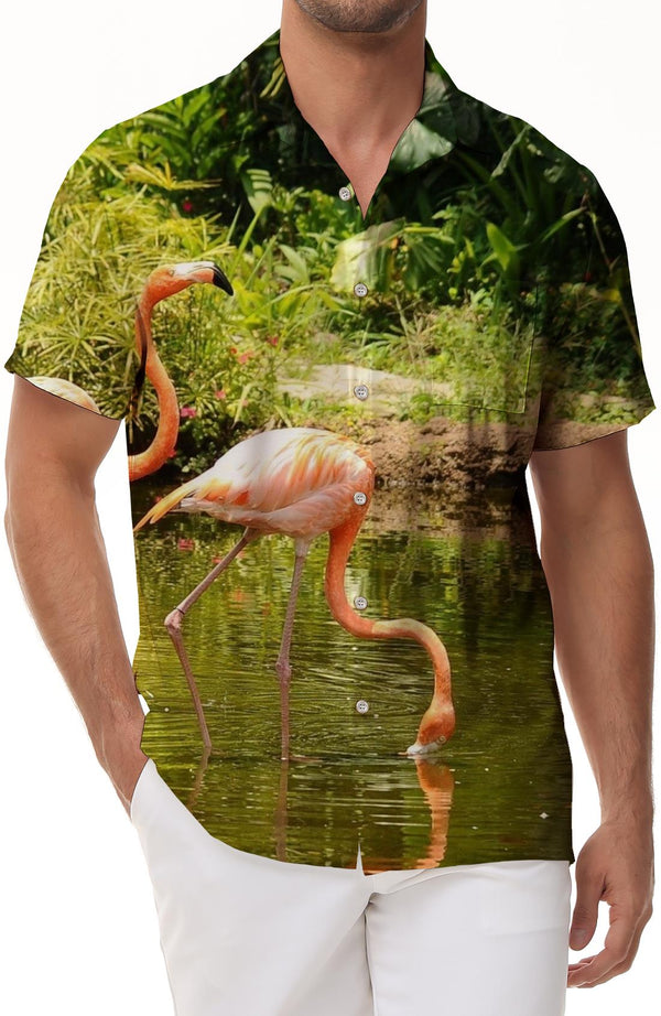 Short Sleeve Water Animals Pink Flamingo Summer Beach Print Pattern Hawaiian Shirt 3D Men's Casual Shirt