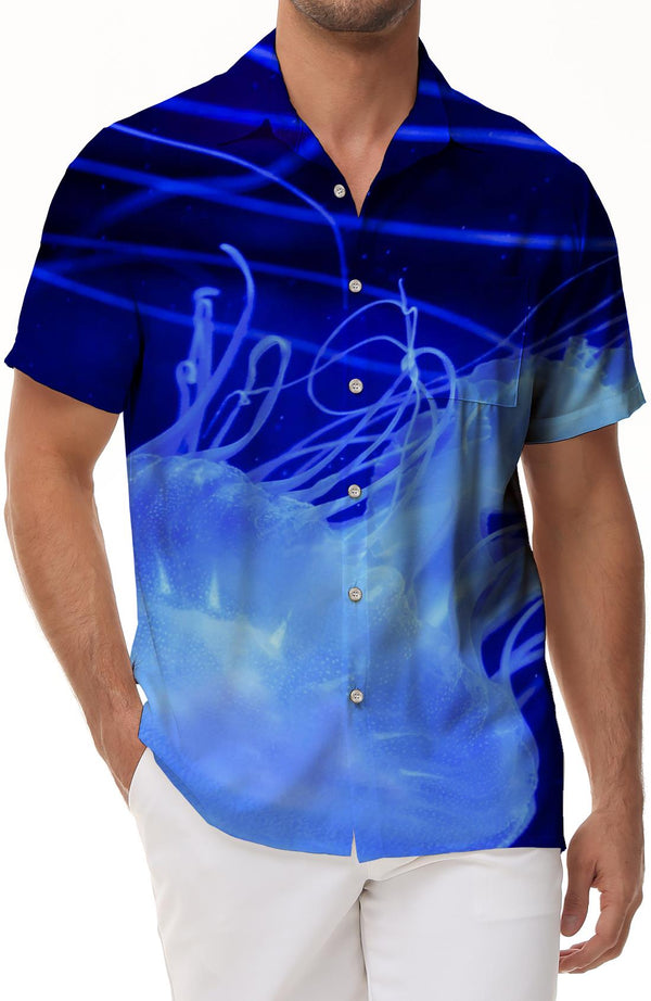 Blue Jellyfish Undersea Digital Print Men's Casual Loose Short Sleeve Shirt Hawaiian Tropical Button Comfortable Breathable Shirt Top