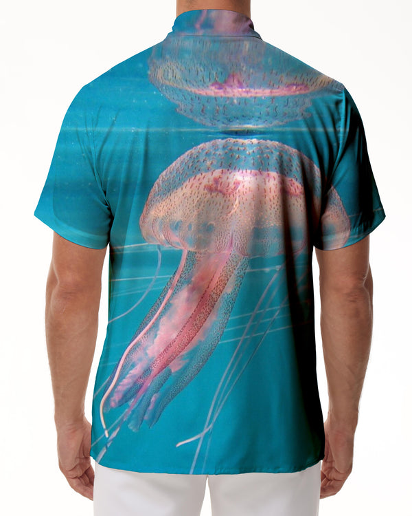 
Jellyfish pink loose casual daily travel vacation men's Hawaiian beach shirt art jellyfish pattern short sleeve button short sleeve
                