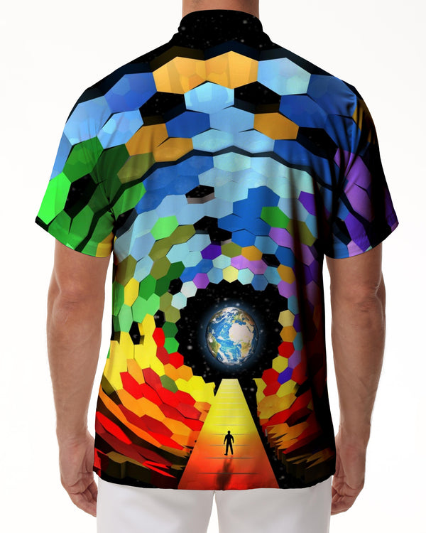 
Geometric round rainbow stripe print men's shirt short sleeve trendy fashion retro style Hawaiian button pocket short sleeve shirt lapel
                