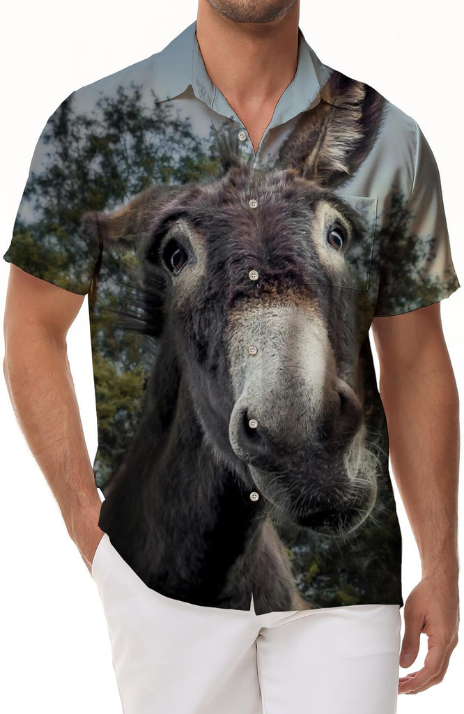 Silly Animal Donkey Tropical Rainforest Men's Casual Style Short Sleeve Shirt Hawaiian Button Lapel Pocket Shirt Short Sleeve Men's Casual