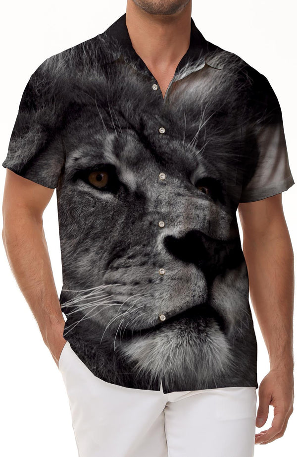 Casual Vintage Holiday Beach Shirt Men Lion Print Short Sleeve Shirt Summer Regular Button Shirt 3D Animal Lion Print Shirt Tops Fashion Casual Grey