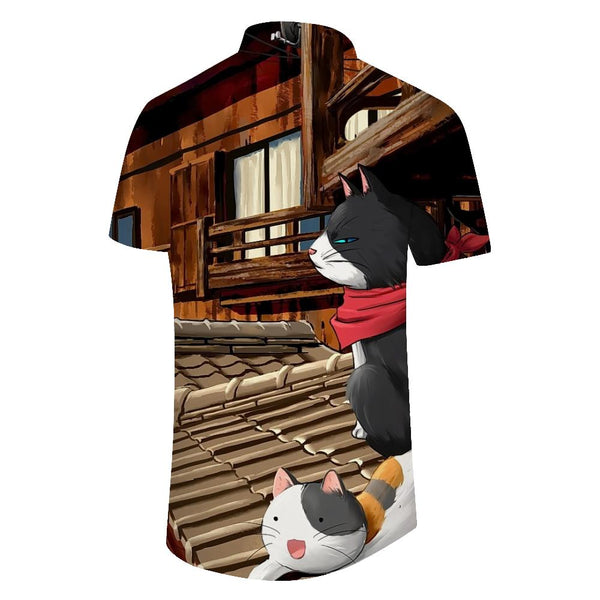 
Cartoon anime cat men's casual loose tropical Hawaiian button-down short sleeve c fun cat pattern
                