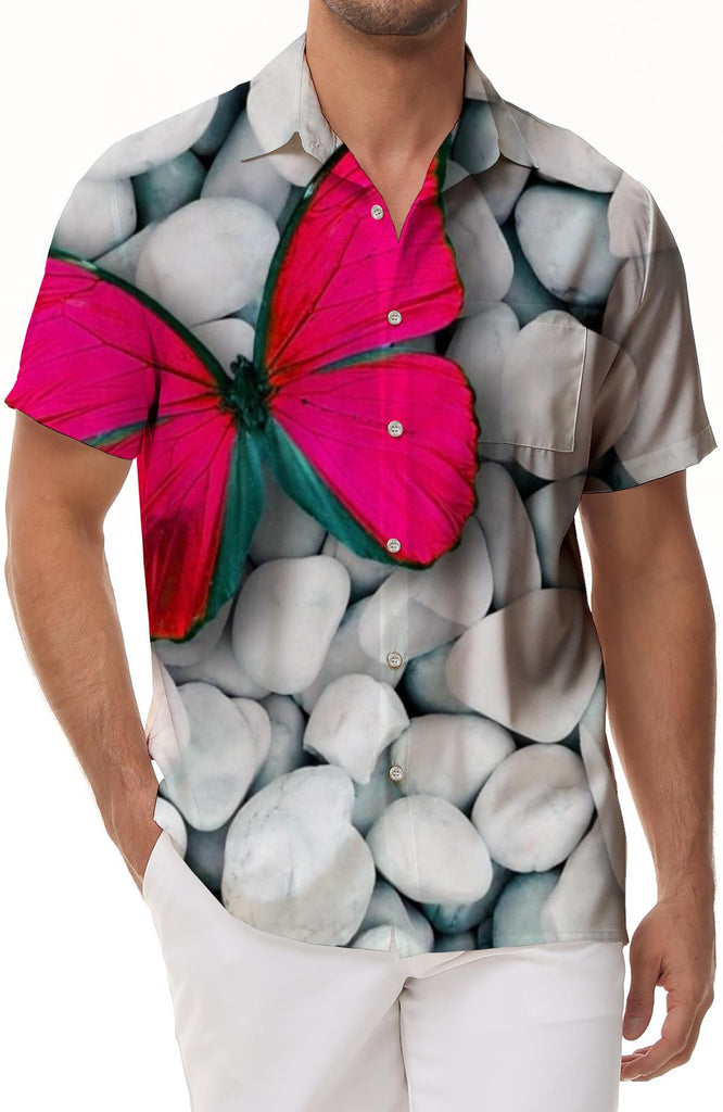 Psychedelic Pink Butterfly and Gray Stone Men's Short Sleeve Shirt Casual Button Short Sleeve Top Comfortable Breathable Summer Clothing Tops