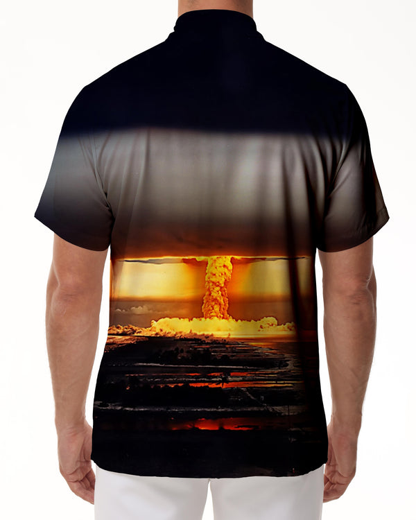 
War nuclear bomb huge explosion mushroom cloud men's short sleeve Hawaiian print shirt summer beach button
                