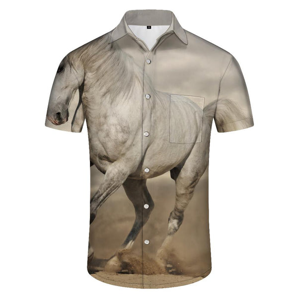 
Running elegant white horse beach summer short-sleeved men's casual shirt print pattern beach dinner
                
