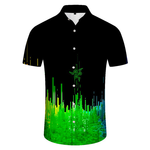 
Men's Black Abstract Blue Print Pattern Lapel Summer Short Sleeve Beach Hawaiian Top Shirt
                