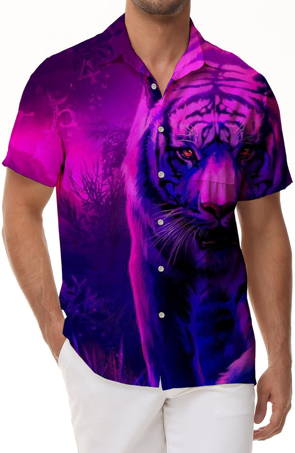 Purple Tiger Fierce Gaze Men's Loose Short Sleeve Shirt 3D Printed Button Beach Shirt Casual Hawaiian