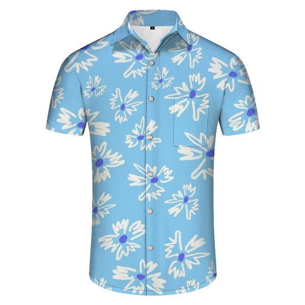 
Blue men's retro daisy flower seaside play floral print short-sleeved shirt loose lapel button short-sleeved shirt Hawaiian style
                