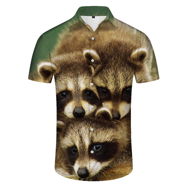 
Furry cute animal raccoon short sleeve summer button-down summer vacation beach casual men's Hawaiian shirt
                