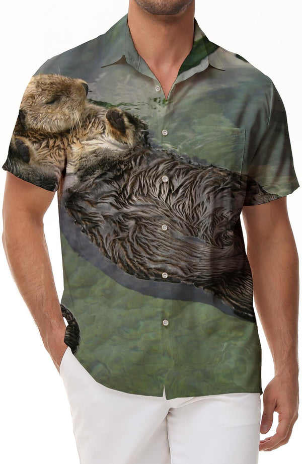 Animal cute brown otter print retro style collar short sleeve shirt tropical Hawaiian fashion button down pocket lapel shirt
