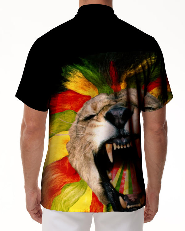 
Lion roar tiger roar style print black men's short-sleeved shirt four seasons Hawaii outdoor family party clothing
                
