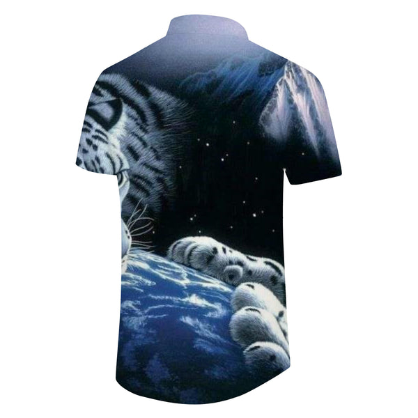 
White Tiger Family Full Moon Men's Short Sleeve Shirt Casual Button Summer Beach Shirt Classic Fit Tops
                
