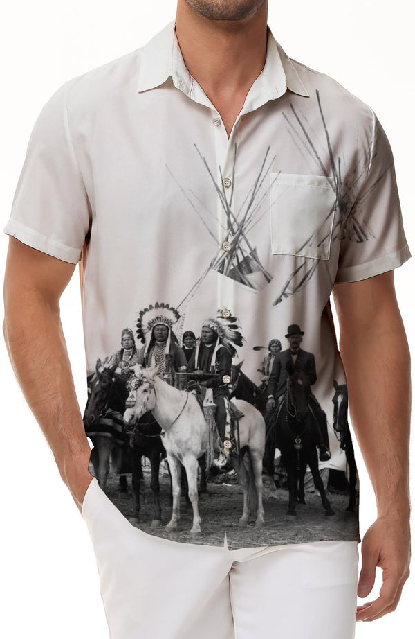 Indian Print Pattern Feather Men's Short Sleeve Shirt Casual Button Shirt Short Sleeve Summer Tops with Pockets