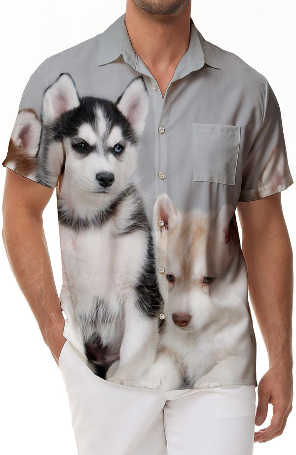 Cool Husky Print Men's Tropical Hawaiian Lapel Button-Down Short Sleeve Summer Classic Casual Regular Fit Shirt