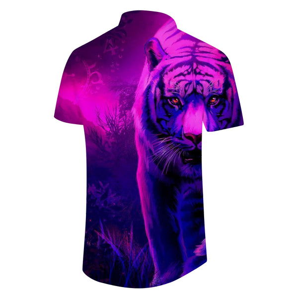 
Purple Tiger Fierce Gaze Men's Loose Short Sleeve Shirt 3D Printed Button Beach Shirt Casual Hawaiian
                