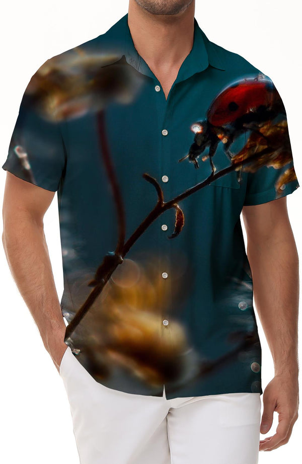 Ladybug Footprint Print Men's Casual Button Shirt Short Sleeve Summer Beach Shirt Animal