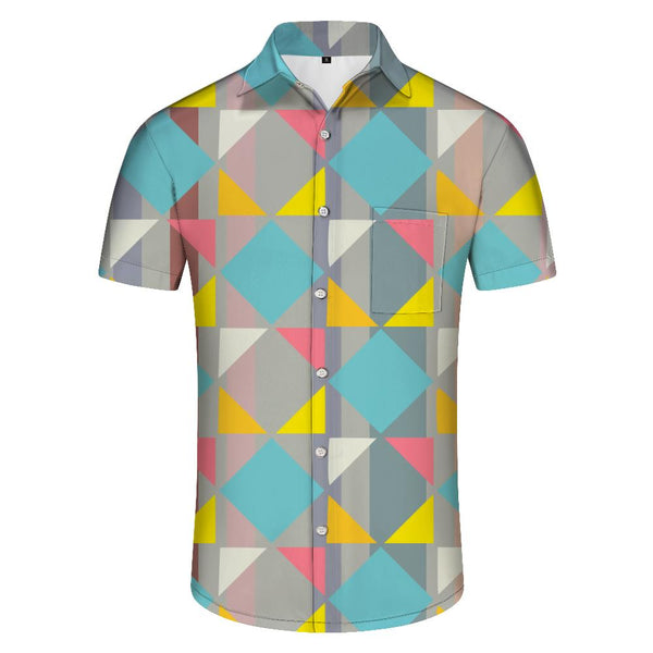 
Colorful geometric fashion cool casual men's button-down lapel pocket four seasons Hawaiian shirt short sleeves
                