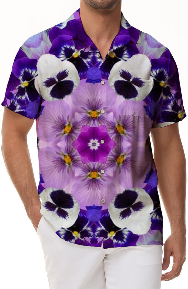 Purple Flower Mens Hawaiian Shirt Fashion Button-Up Beach Shirt Short Sleeve Summer Casual Shirt Loose Fit