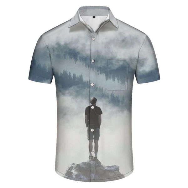
Natural environment cartoon misty mountains men's casual loose short sleeve button shirt casual summer beach shirt
                