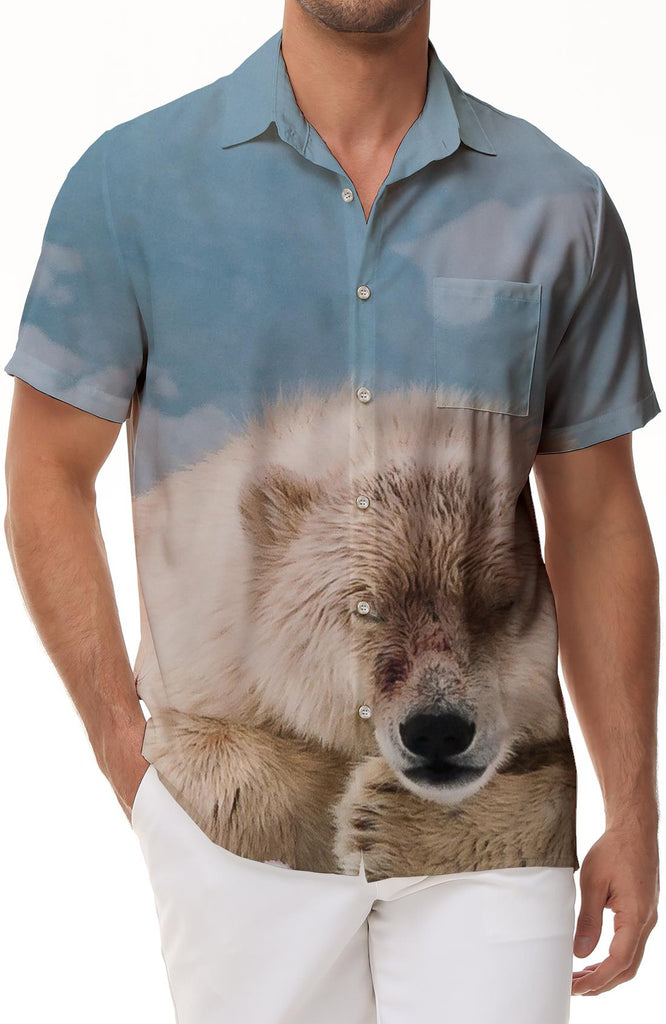 Sleeping Polar Bear Mens Hawaiian Shirt Casual Button Short Sleeve Tropical Summer Beach Top