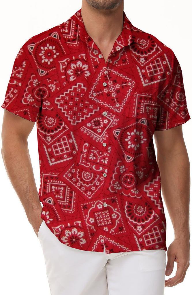 Short-sleeved pattern men's casual red summer print shirt short-sleeved regular style casual with lapel