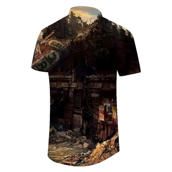 
War destroyed house tropical summer short sleeve shirt Hawaiian button down lapel men's casual short sleeve pocket
                
