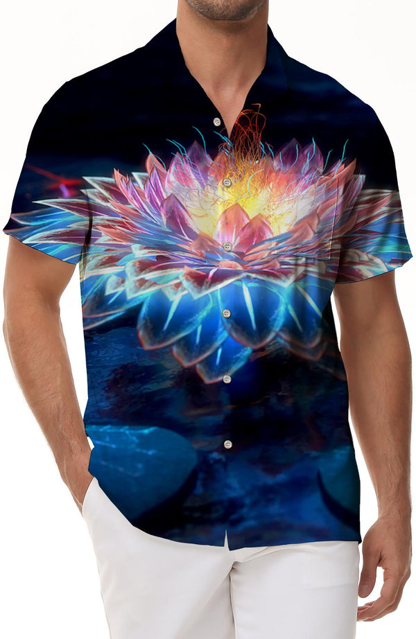 Colorful graceful flowers trend men's summer beach lotus Hawaiian shirt print short sleeve shirt button