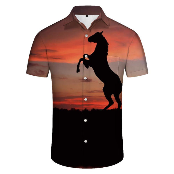 
Wild Horses in the sunset and night fashion Hawaiian button-down lapel men's casual loose short-sleeved shirt tops
                