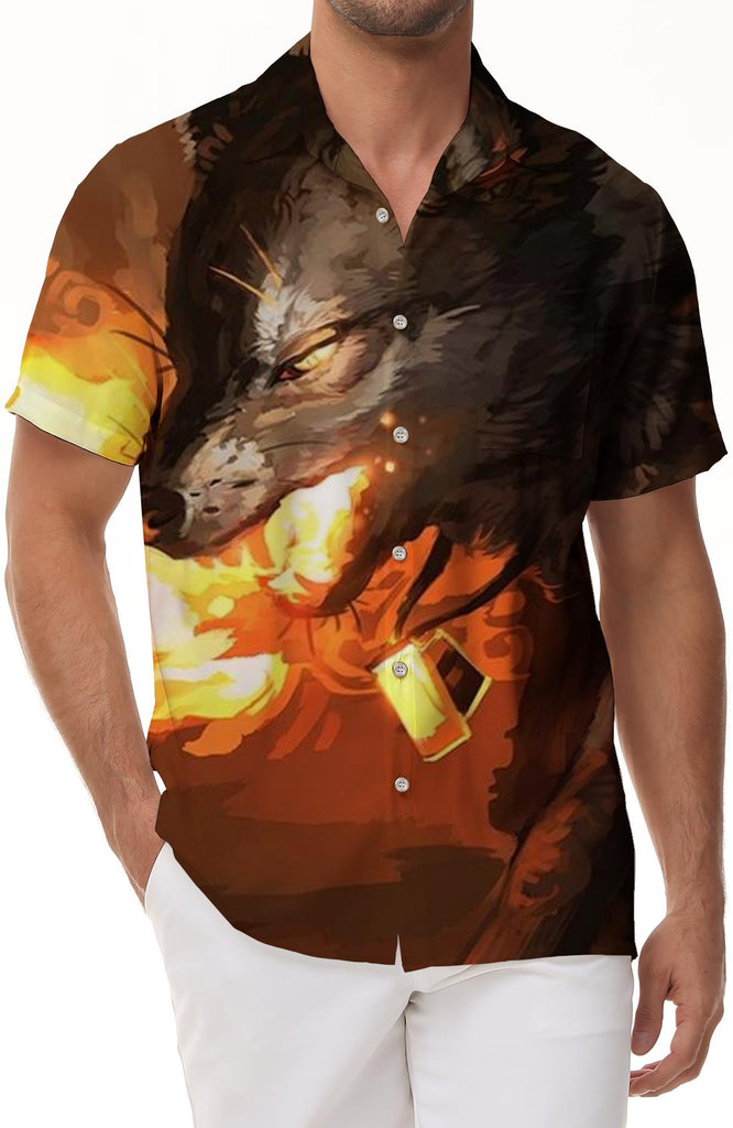 3D Printed Animals Fire Wolf Cub Hawaii Everyday Vacation Button Casual Button-Down Short Sleeve Men's Shirt Lapel