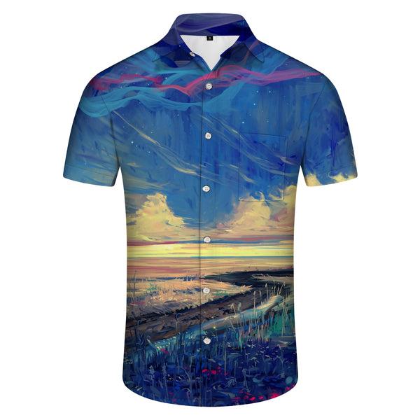 
Oil painting landscape art style summer clouds shirt men's Hawaiian casual short sleeve shirt pattern button pocket top fashion
                