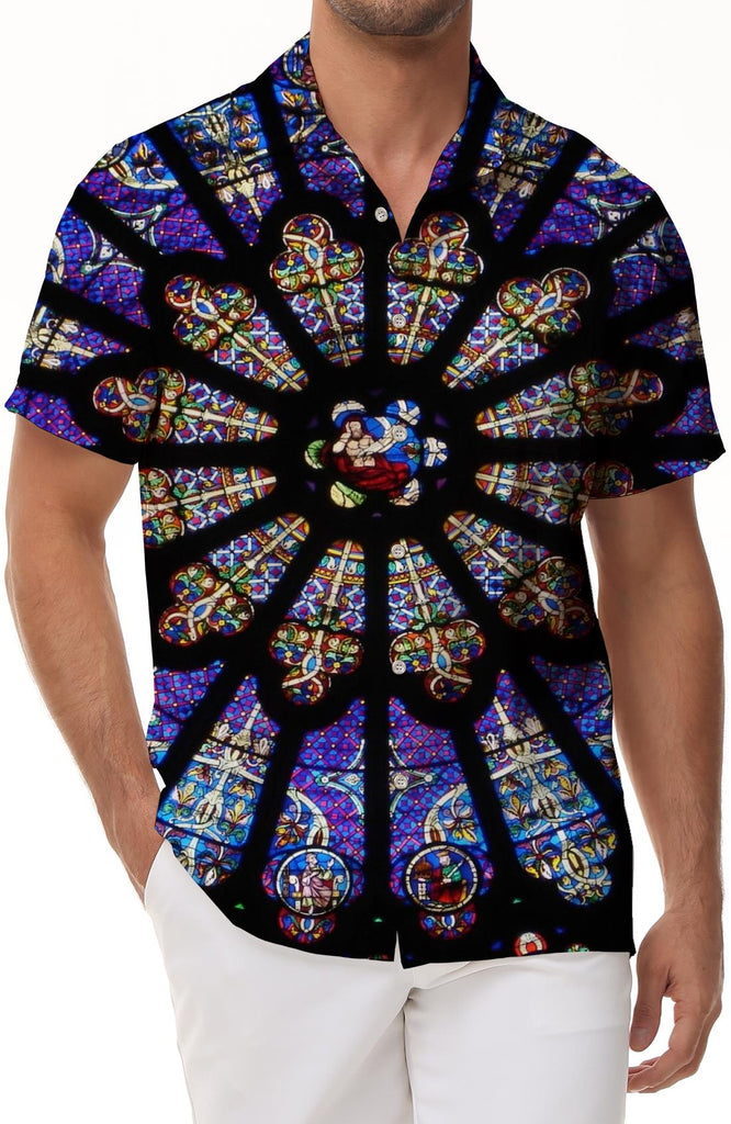 Notre Dame de Paris Purple Glass Classic Short Sleeve Men's Short Sleeve Fashion Casual Hawaiian Button Lapel Pocket Glass Elegant Jesus