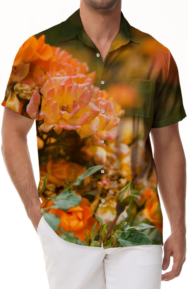 Yellow Rose Men's Button Lapel Fashion Casual Loose Tropical Hawaiian Vacation Seaside Shirt Beach