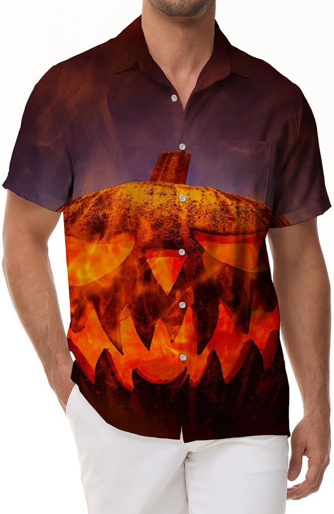 Halloween Pumpkin Flame Stove Mens Hawaiian Shirt Summer Beach Tropical Short Sleeve Button Shirt Lapel