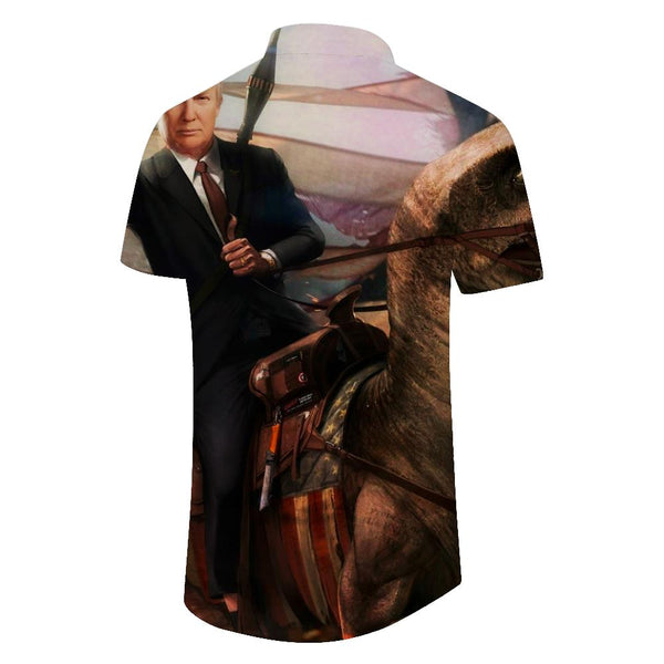 
Interesting Trump fashion print men's casual button lapel Hawaiian four seasons short sleeve shirt happy travel
                
