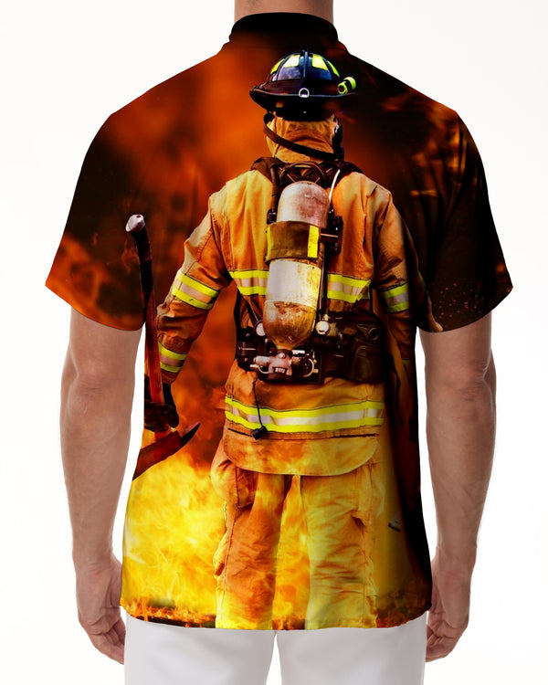 
Male firefighter soldier 3D printed men's loose fashion casual lapel short-sleeved vacation beach clothing
                