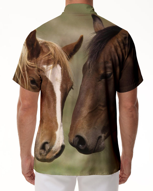 
Two Horses Hawaiian Button Lapel Men's Short Sleeve Shirt Loose Pocket Top Tropical Style
                