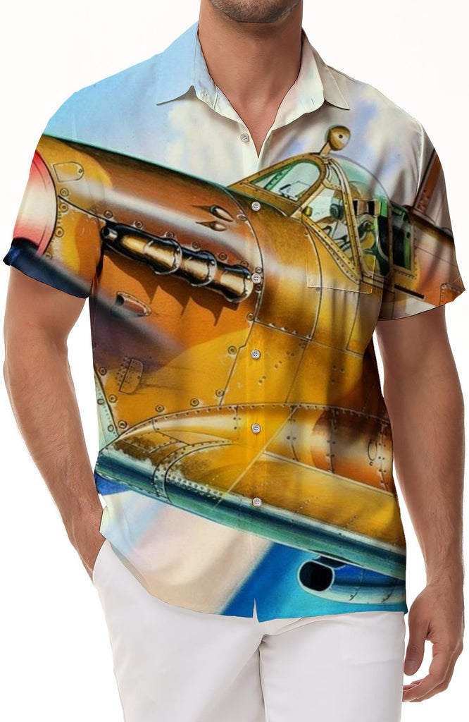 Cartoon Orange Fighter Airplane Men's Hawaiian Shirt Casual Floral Short Sleeve Button-Up Tropical Top