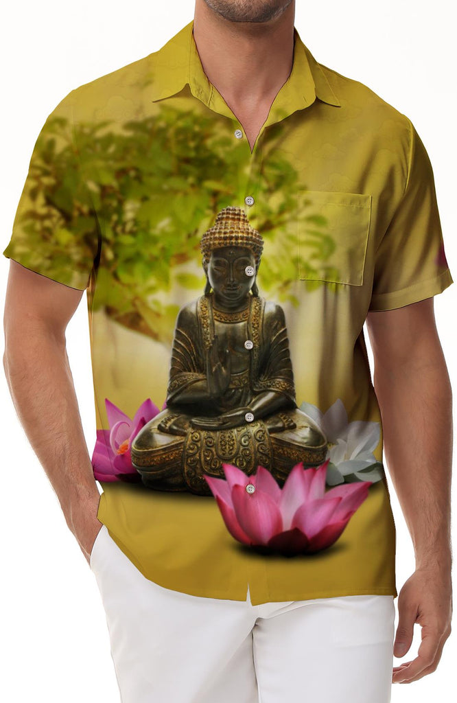 Chinese Buddha Gold Statue Trendy Men's Comfortable Breathable Short Sleeve Shirt Casual Tops Regular Style