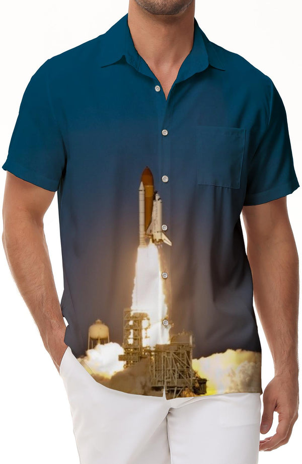 Launch Rocket Center Space Shuttle Men's Casual Short Sleeve Hawaiian Button Tropical Four Seasons Fashionable Suitable Breathable
